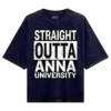 Straight Outta Anna University Men/Unisex Acid Wash Oversized T-Shirt in Navy Blue Color
