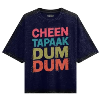 Cheen Tapaak Dum Dum Men/Unisex Acid Wash Oversized T-Shirt in Navy Blue Color