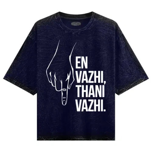 En vazhi, thani vazhi (white) men/unisex acid wash oversized t-shirt in navy blue color
