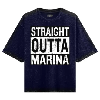 Straight Outta Marina Men/Unisex Acid Wash Oversized T-Shirt in Navy Blue Color