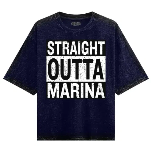 Straight outta marina men/unisex acid wash oversized t-shirt in navy blue color