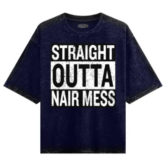 Straight Outta Nair Mess Men/Unisex Acid Wash Oversized T-Shirt in Navy Blue Color