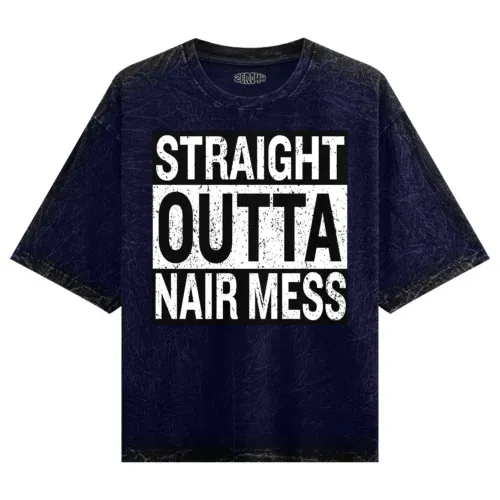 Straight outta nair mess men/unisex acid wash oversized t-shirt in navy blue color