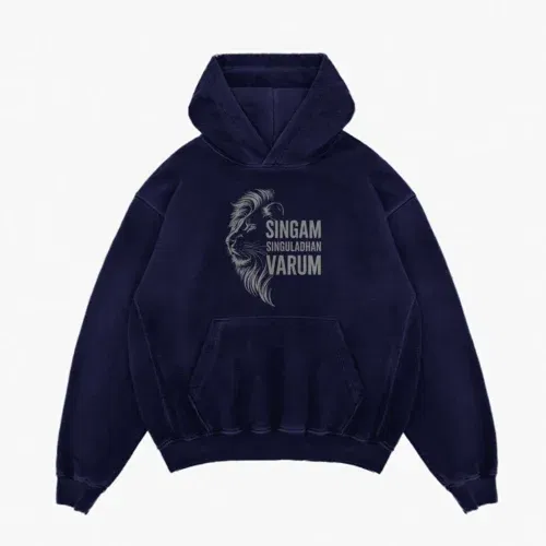Singam singuladhan varum men/unisex acid wash hoodie in navy blue color