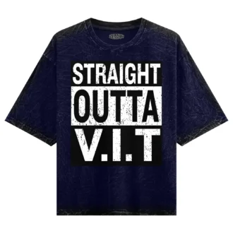 Straight Outta VIT Men/Unisex Acid Wash Oversized T-Shirt in Navy Blue Color