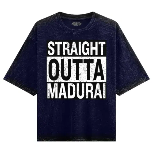 Straight outta madurai men/unisex acid wash oversized t-shirt in navy blue color