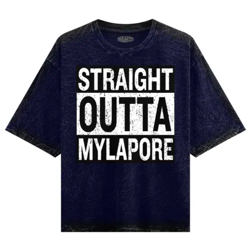 Straight outta mylapore men/unisex acid wash oversized t-shirt in navy blue color