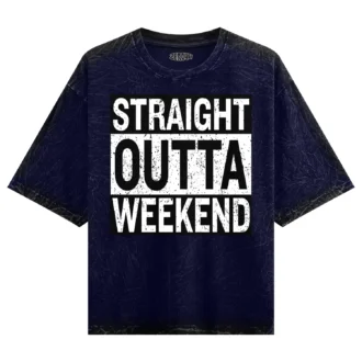 Straight Outta Weekend Men/Unisex Acid Wash Oversized T-Shirt in Navy Blue Color