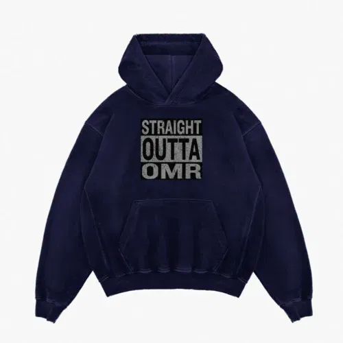 Straight outta omr men/unisex acid wash hoodie in navy blue color