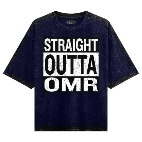 Straight outta omr men/unisex acid wash oversized t-shirt in navy blue color