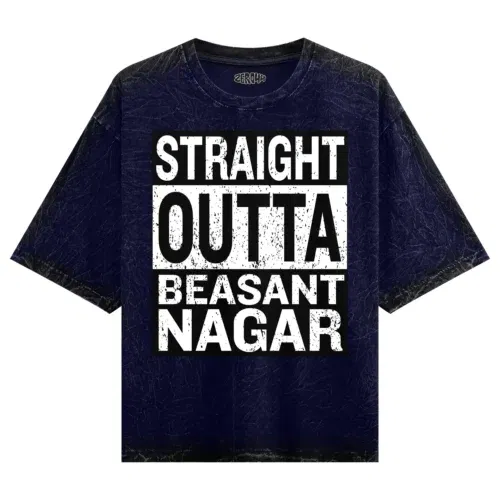 Straight outta beasant nagar men/unisex acid wash oversized t-shirt in navy blue color