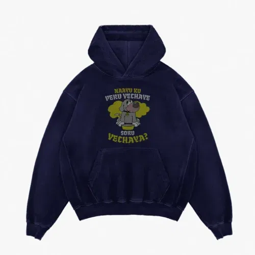 Naayu ku peru vachaye soru vachaye men/unisex acid wash hoodie in navy blue color