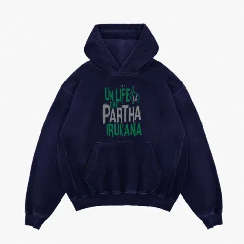 Un life la oru partha irukana men/unisex acid wash hoodie in navy blue color