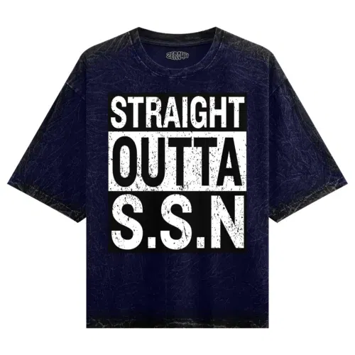 Straight outta ssn university men/unisex acid wash oversized t-shirt in navy blue color