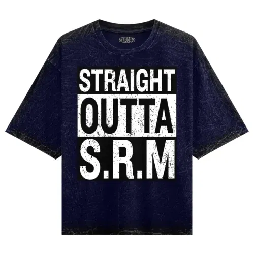 Straight outta srm university men/unisex acid wash oversized t-shirt in navy blue color