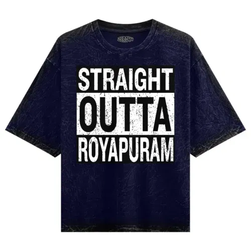 Straight outta royapuram men/unisex acid wash oversized t-shirt in navy blue color