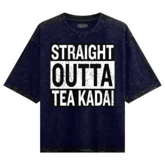 Straight Outta Tea Kadai Men/Unisex Acid Wash Oversized T-Shirt in Navy Blue Color