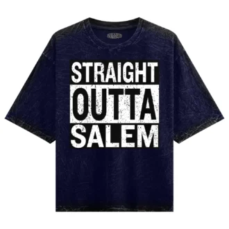 Straight Outta Salem Men/Unisex Acid Wash Oversized T-Shirt in Navy Blue Color
