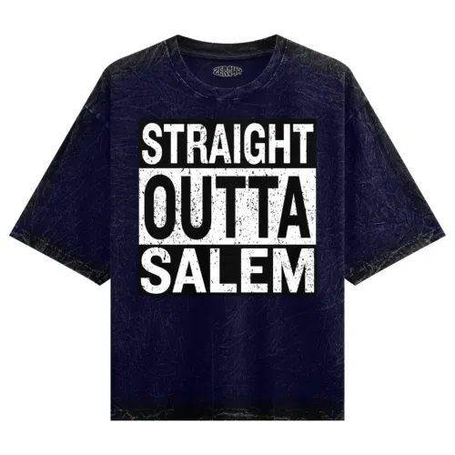 Straight outta salem men/unisex acid wash oversized t-shirt in navy blue color