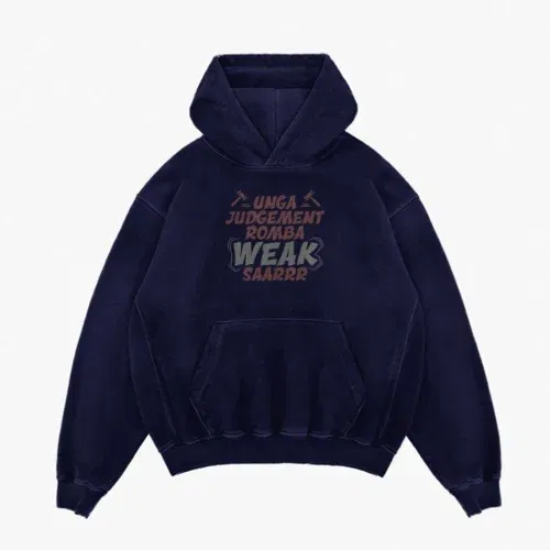 Unga judgement romba weak saarrr men/unisex acid wash hoodie in navy blue color