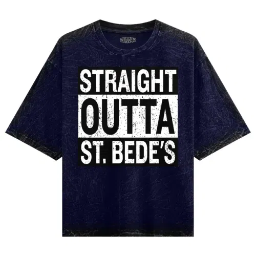 Straight outta st. Bedes men/unisex acid wash oversized t-shirt in navy blue color