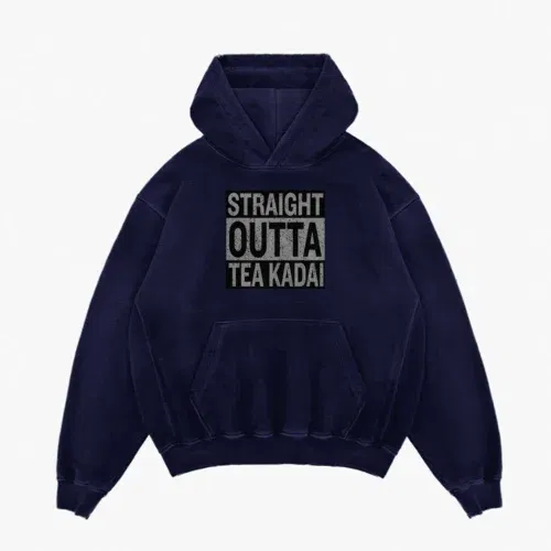 Straight outta tea kadai men/unisex acid wash hoodie in navy blue color
