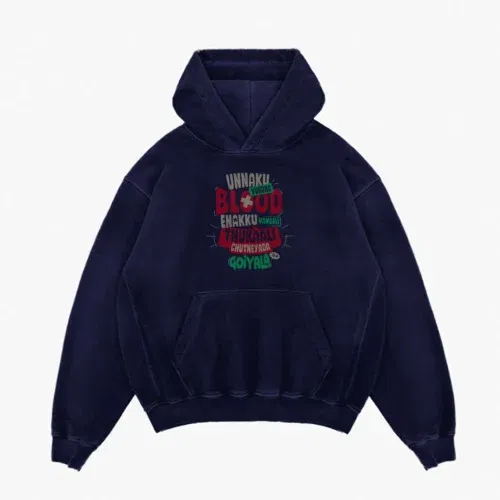 Unnaku vundha blood enakku vandha thukaali chutneyada goiyala men/unisex acid wash hoodie in navy blue color