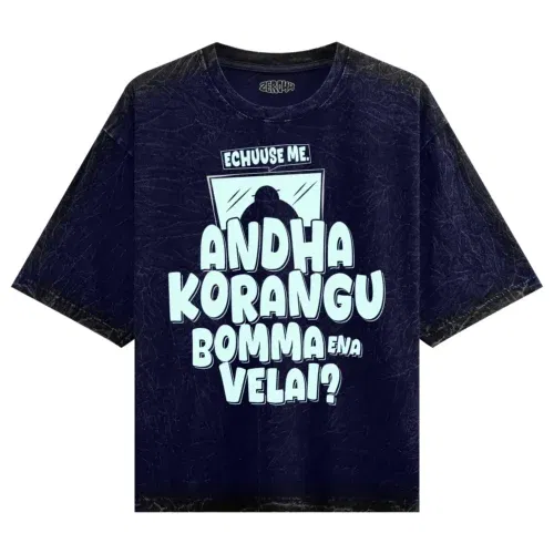 Echuuse me andha korangu bomma ena velai? Men/unisex acid wash oversized t-shirt in navy blue color