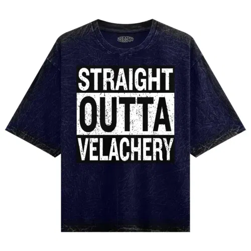 Straight outta velachery men/unisex acid wash oversized t-shirt in navy blue color