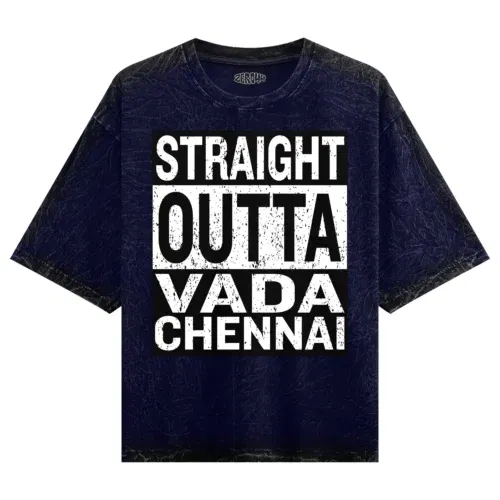 Straight outta vada chennai men/unisex acid wash oversized t-shirt in navy blue color