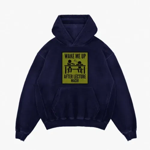 Wake me up after lecture machi men/unisex acid wash hoodie in navy blue color