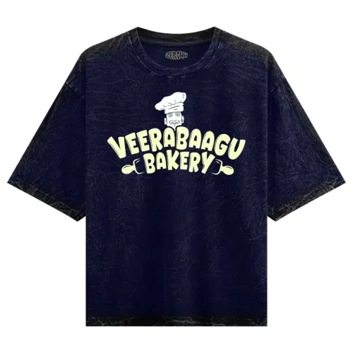 Veerabaagu bakery men/unisex acid wash oversized t-shirt in navy blue color