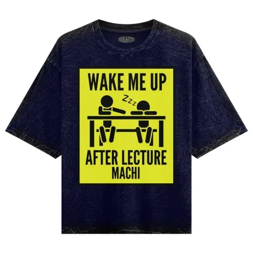 Wake me up after lecture machi men/unisex acid wash oversized t-shirt in navy blue color