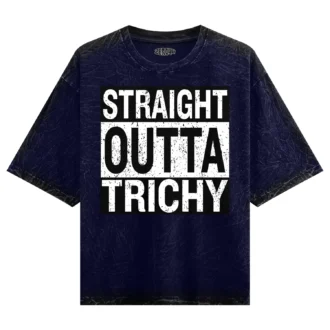 Straight Outta Trichy Men/Unisex Acid Wash Oversized T-Shirt in Navy Blue Color