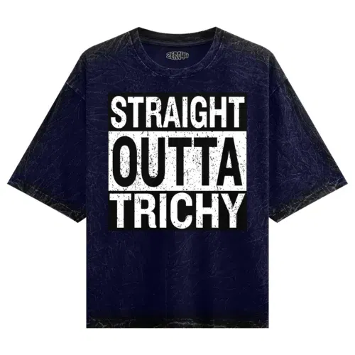 Straight outta trichy men/unisex acid wash oversized t-shirt in navy blue color