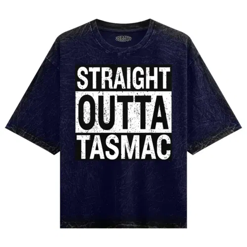 Straight outta tasmac men/unisex acid wash oversized t-shirt in navy blue color