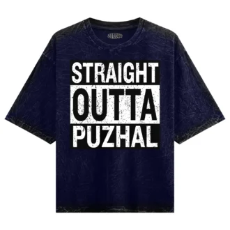 Straight Outta Puzhal Men/Unisex Acid Wash Oversized T-Shirt in Navy Blue Color