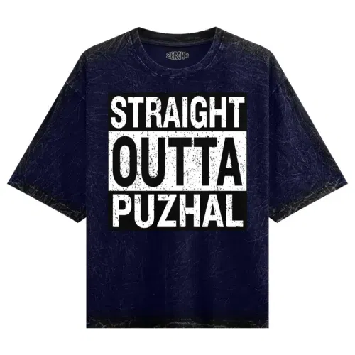 Straight outta puzhal men/unisex acid wash oversized t-shirt in navy blue color