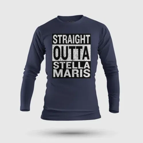 Straight outta stella maris men/unisex long sleeve t-shirt in navy blue color
