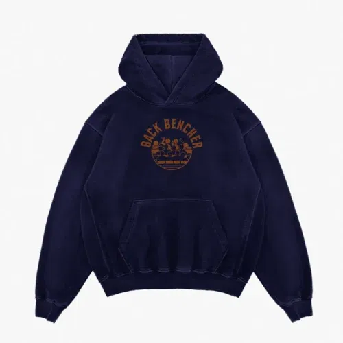 Back bencher men/unisex acid wash hoodie in navy blue color