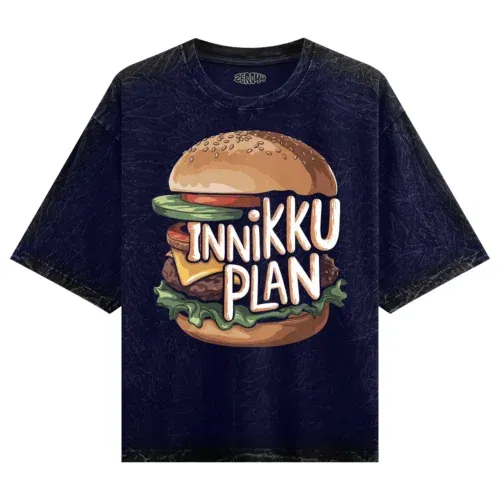 Innikki plan - burger men/unisex acid wash oversized t-shirt in navy blue color
