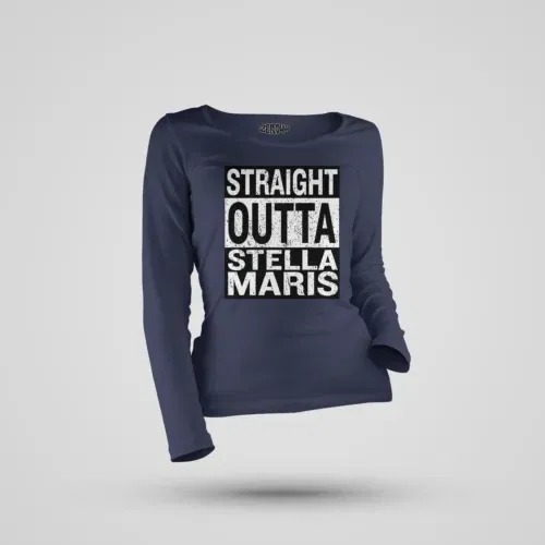 Straight outta stella maris women's long sleeve t-shirt in navy blue color