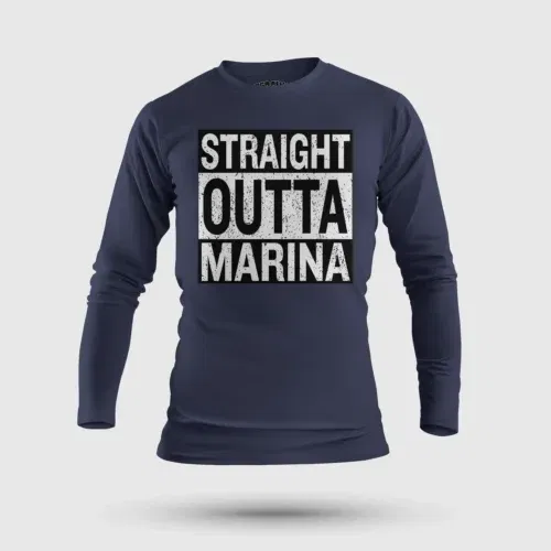 Straight outta marina men/unisex long sleeve t-shirt in navy blue color