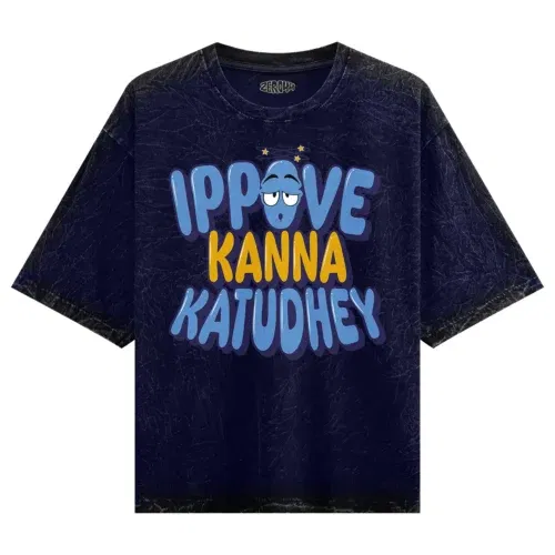 Ippove kanna katudhey men/unisex acid wash oversized t-shirt in navy blue color