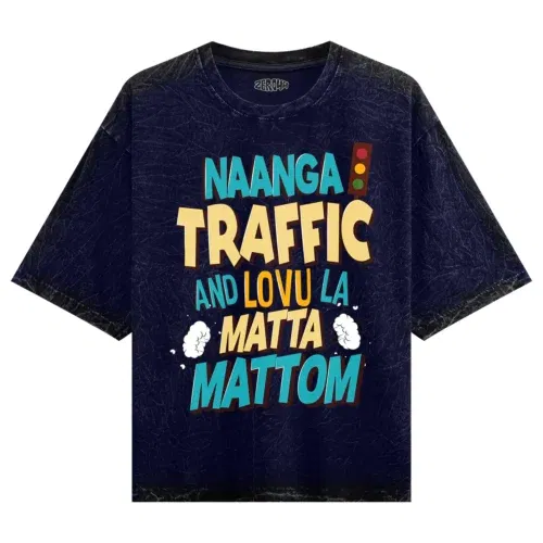 Naanga traffic and lovu la matta mattom men/unisex acid wash oversized t-shirt in navy blue color