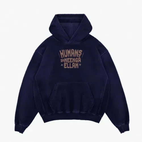 Humans ah da neenga ellam? Men/unisex acid wash hoodie in navy blue color