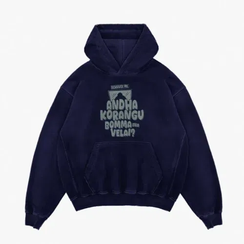 Echuuse me andha korangu bomma ena velai? Men/unisex acid wash hoodie in navy blue color