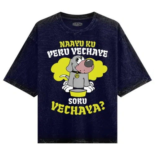 Naayu ku peru vachaye soru vachaye men/unisex acid wash oversized t-shirt in navy blue color