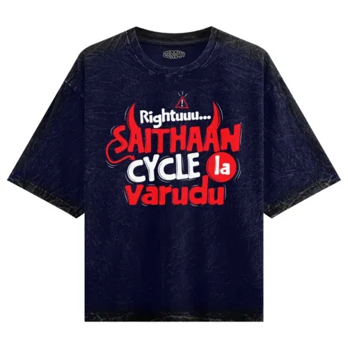 Rightuuu.. Saithaan cycle la varudhu men/unisex acid wash oversized t-shirt in navy blue color