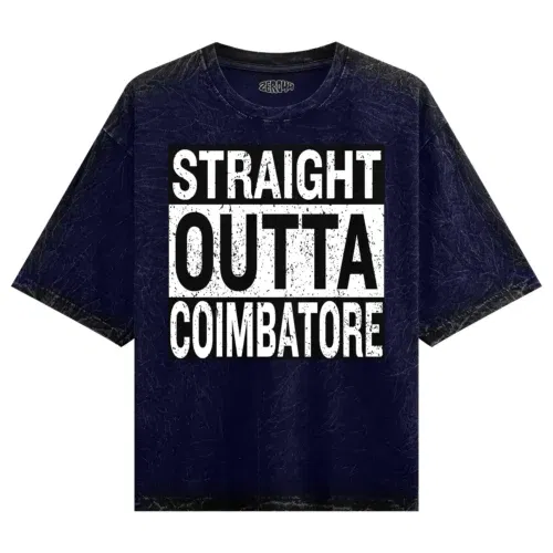 Straight outta coimbatore men/unisex acid wash oversized t-shirt in navy blue color